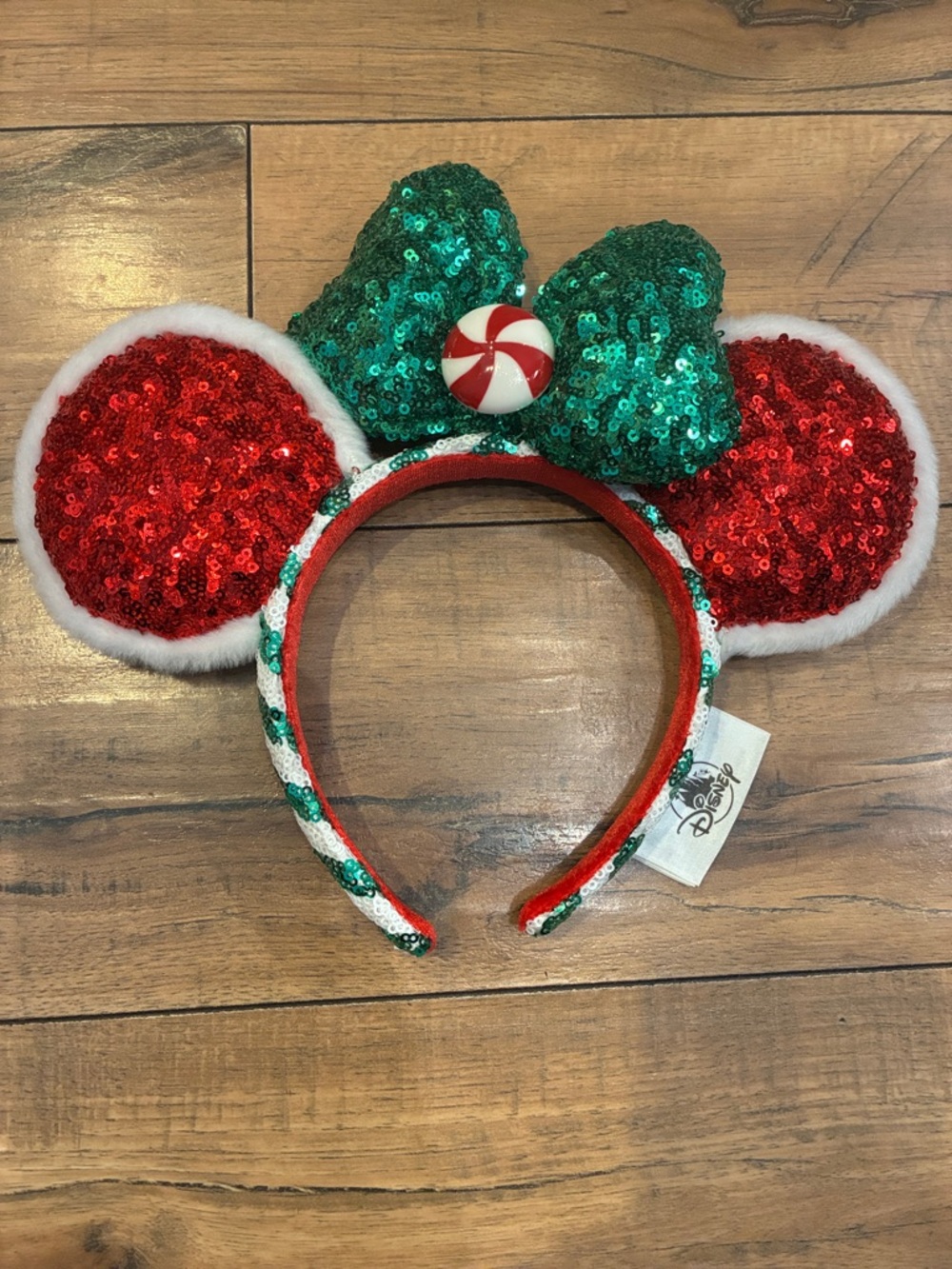 Disney Red Sequin Minnie Ears with Green Sequin Bow and Peppermint Christmas